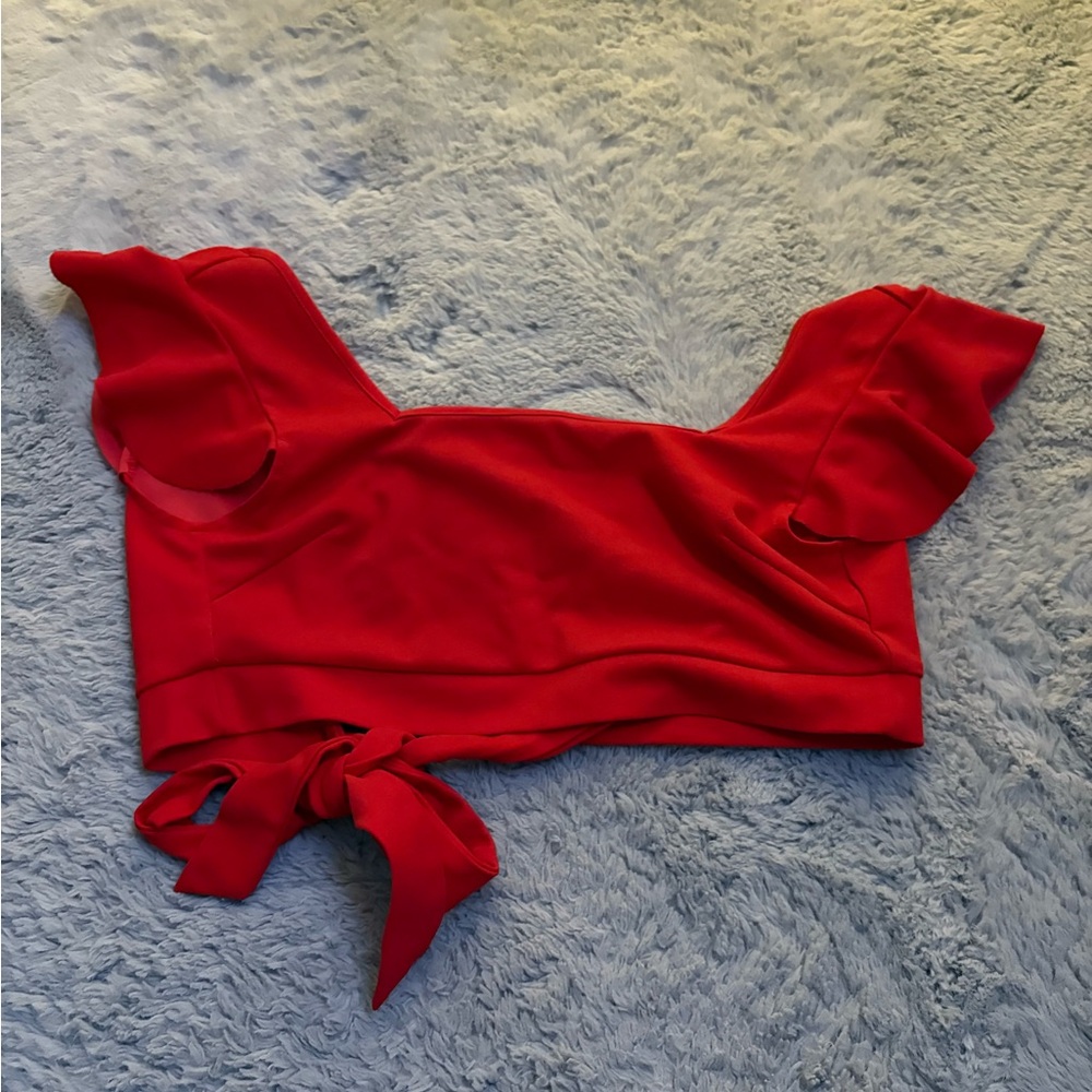 SHEIN Red Ruffle Sleeve Crop Top
